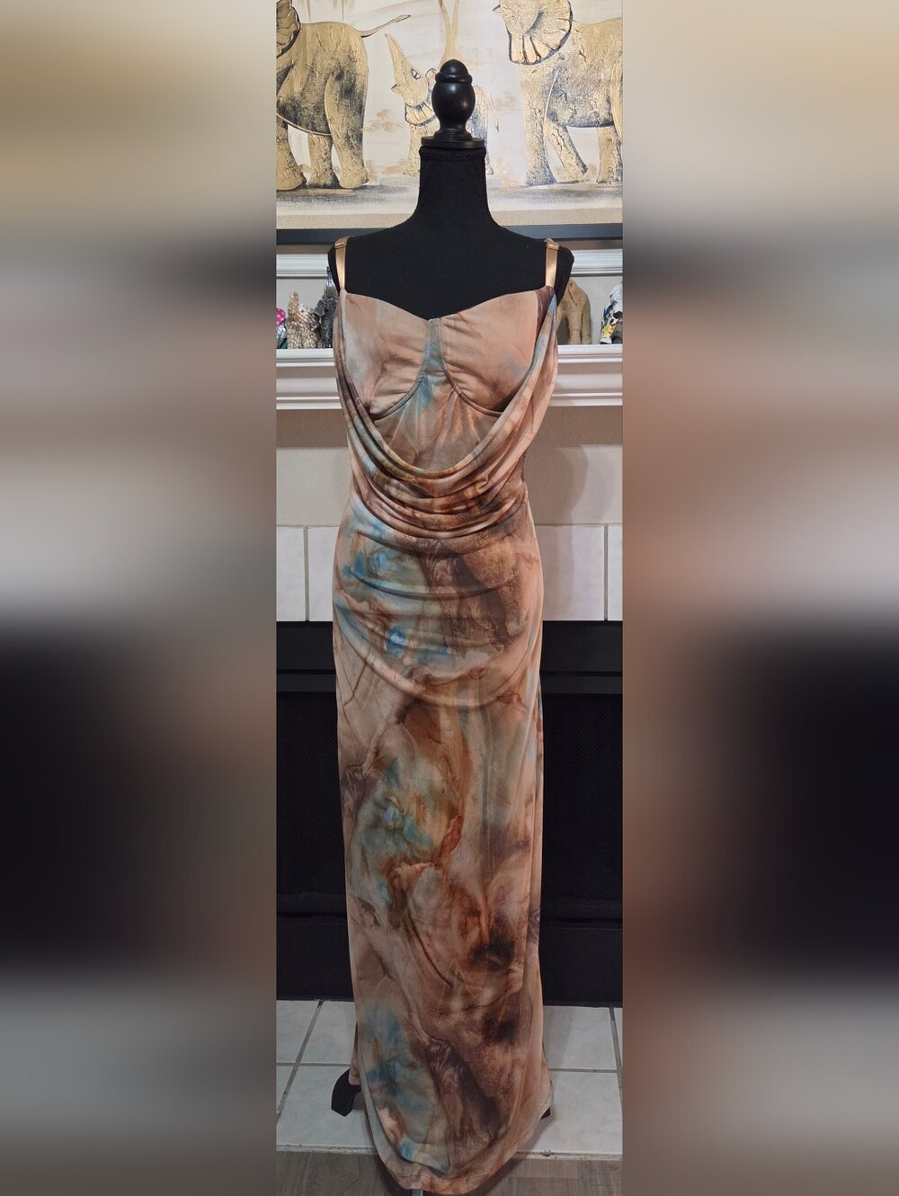 Almost Famous Marble-Print Cowl-Neck Maxi Dress in Tan and Blue